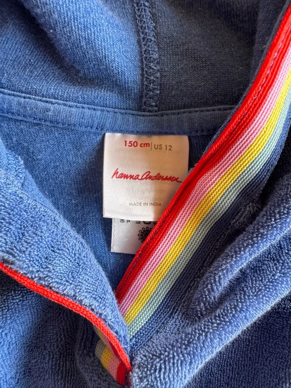 Hanna Andersson Terry Cloth Hooded Cover-Up Dress Blue Rainbow Trim Size 12